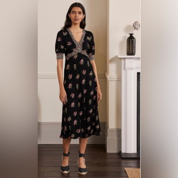 Boden Dresses & Skirts - Boden Short Sleeve Floral Black Dress 8 Midi Viscose New Church Office Business